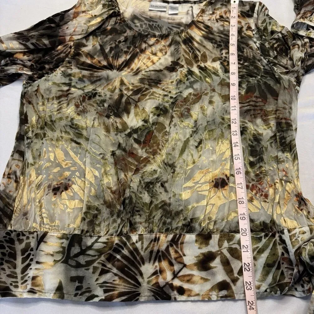 Chico’s Size 1 (M) Silk Blend Abstract Leaf Print Long Sleeve Blouse Tie Cuff